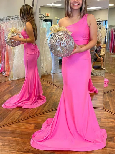 Trumpet/Mermaid One Shoulder Silk-like Satin Sweep Train Ruffles Prom Dresses #Milly020107602