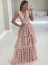 Ball Gown/Princess Floor-length V-neck Lace Tiered Prom Dresses #Milly020107604
