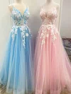 A-line V-neck Tulle Sweep Train Appliques Lace Prom Dresses #Milly020107605