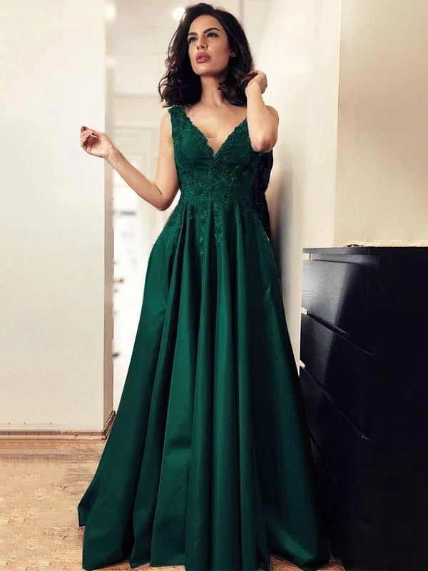A-line V-neck Satin Sweep Train Appliques Lace Prom Dresses #Milly020107609