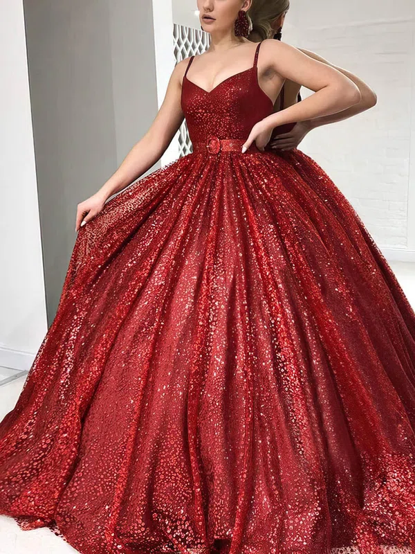 Ball Gown/Princess Sweep Train V-neck Glitter Sashes / Ribbons Prom Dresses #Milly020107615