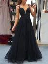A-line V-neck Tulle Sweep Train Beading Prom Dresses #Milly020107616
