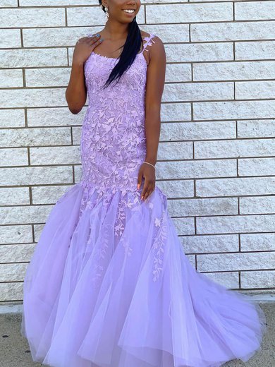 Trumpet/Mermaid Sweep Train Scoop Neck Tulle Appliques Lace Prom Dresses #Milly020107617