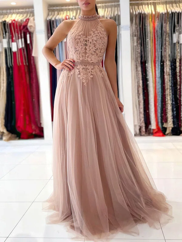 Ball Gown/Princess Floor-length High Neck Tulle Beading Prom Dresses #Milly020107619