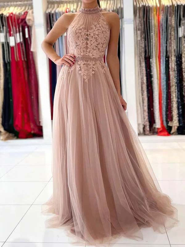 Ball Gown/Princess Floor-length High Neck Tulle Beading Prom Dresses #Milly020107619