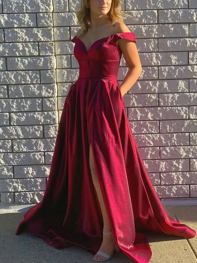A-line Off-the-shoulder Satin Sweep Train Pockets Prom Dresses #Milly020107624