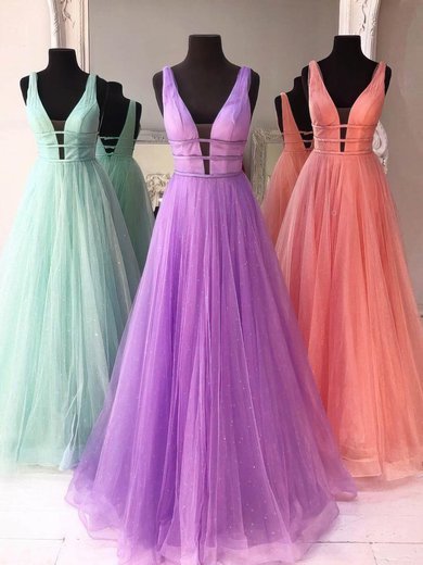 A-line V-neck Tulle Sweep Train Beading Prom Dresses #Milly020107627