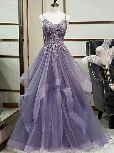A-line V-neck Tulle Sweep Train Appliques Lace Prom Dresses #Milly020107628