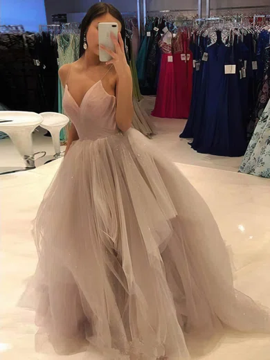 A-line V-neck Tulle Sweep Train Sequins Prom Dresses #Milly020107629
