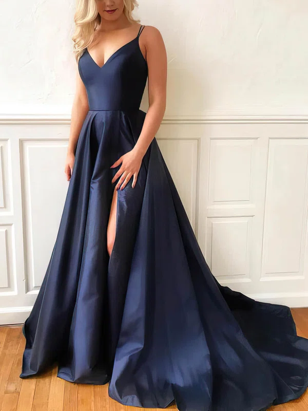 Ball Gown/Princess Sweep Train V-neck Satin Split Front Prom Dresses #Milly020107635