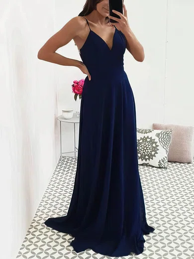 A-line Sweep Train V-neck Chiffon Elegant Prom Dresses #Milly020107636