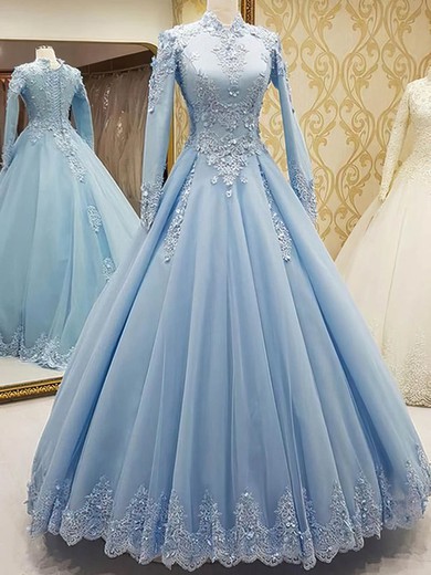 Ball Gown High Neck Satin Sweep Train Appliques Lace Prom Dresses #Milly020107637