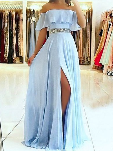 A-line Sweep Train Off-the-shoulder Chiffon Beading Prom Dresses #Milly020107638