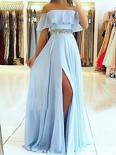 A-line Sweep Train Off-the-shoulder Chiffon Beading Prom Dresses #Milly020107638