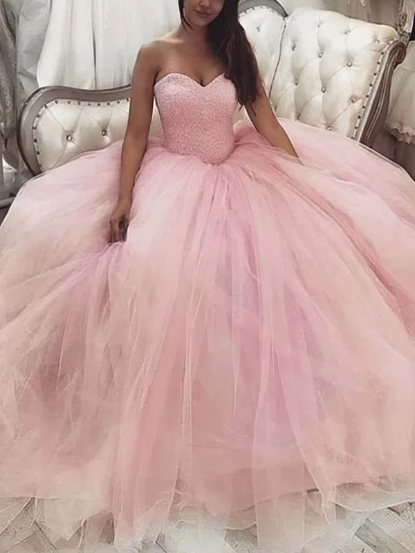 Ball Gown/Princess Sweep Train Sweetheart Tulle Beading Prom Dresses #Milly020107640