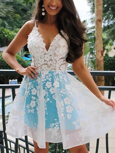 A-line V-neck Organza Short/Mini Homecoming Dresses With Appliques Lace #Milly020107655
