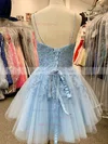 A-line V-neck Tulle Short/Mini Appliques Lace Prom Dresses #Milly020107661