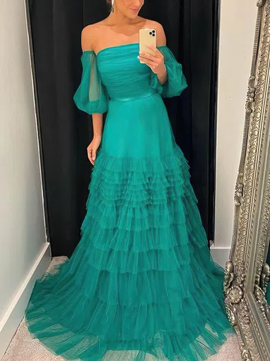 Ball Gown/Princess Sweep Train Off-the-shoulder Tulle 1/2 Sleeves Tiered Prom Dresses #Milly020107664