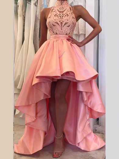 A-line High Neck Silk-like Satin Asymmetrical Appliques Lace Prom Dresses #Milly020107668