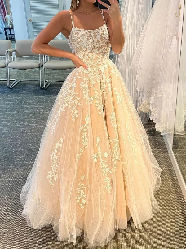 Ball Gown Scoop Neck Tulle Sweep Train Appliques Lace Prom Dresses #Milly020107669