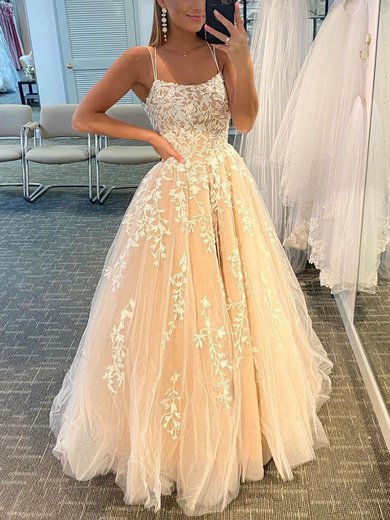 Ball Gown Scoop Neck Tulle Sweep Train Appliques Lace Prom Dresses #Milly020107669
