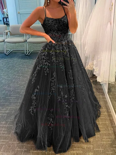 Black Appliques Tulle Scoop Flower Prom Dress Black Appliques Tulle Scoop Flower Prom Dress