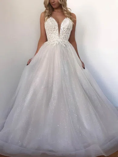 Ball Gown V-neck Glitter Tulle Prom Dresses With Appliques #Milly020107674