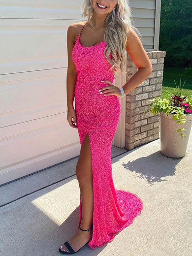Sheath/Column Sweep Train Scoop Neck Sequined Split Front Prom Dresses #Milly020107676