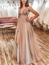 Ball Gown/Princess Sweep Train V-neck Tulle Beading Prom Dresses #Milly020107677