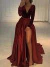 A-line V-neck Silk-like Satin Sweep Train Split Front Prom Dresses #Milly020107678