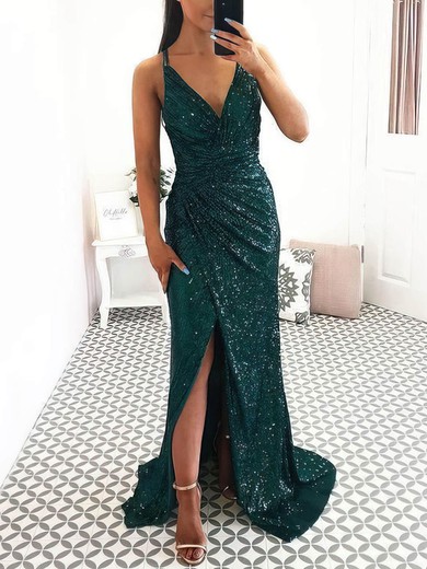 Sheath/Column Sweep Train V-neck Sequined Ruffles Prom Dresses #Milly020107680