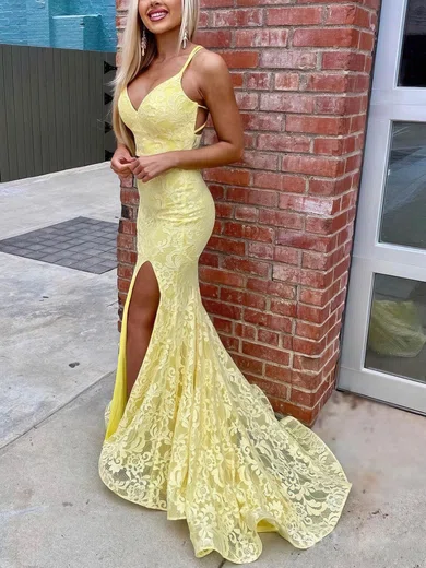 Sheath/Column Sweep Train V-neck Lace Split Front Prom Dresses #Milly020107682