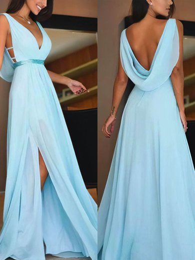 A-line V-neck Chiffon Sweep Train Sashes / Ribbons Prom Dresses #Milly020107687