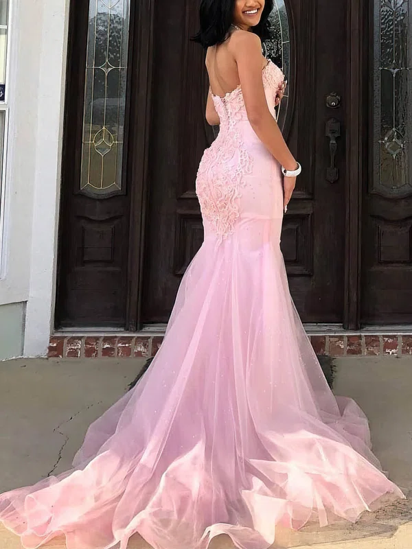 Trumpet/Mermaid Strapless Tulle Sweep Train Appliques Lace Prom Dresses #Milly020107690