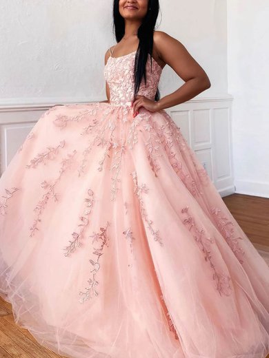 Ball Gown Scoop Neck Tulle Sweep Train Appliques Lace Prom Dresses #Milly020107691