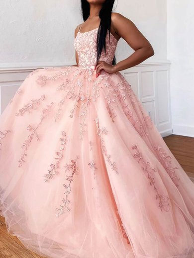 Ball Gown Scoop Neck Tulle Sweep Train Appliques Lace Prom Dresses #Milly020107691