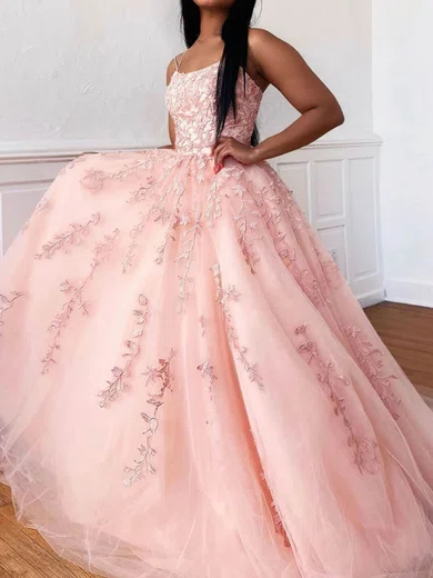 Ball Gown Scoop Neck Tulle Sweep Train Appliques Lace Prom Dresses #SALEMilly020107691