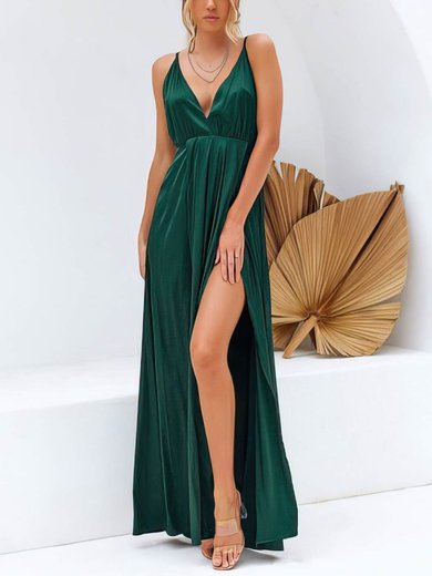 A-line Floor-length V-neck Silk-like Satin Lace Prom Dresses #Milly020106562