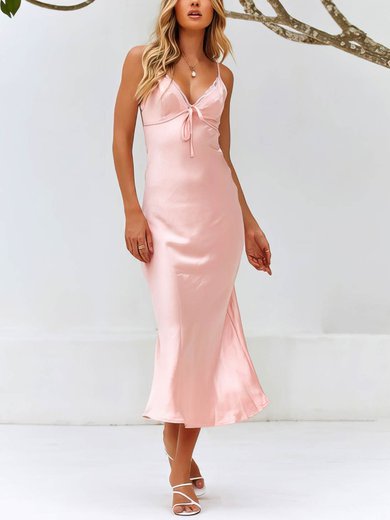 Sheath/Column V-neck Silk-like Satin Tea-length Appliques Lace Prom Dresses #Milly020106569