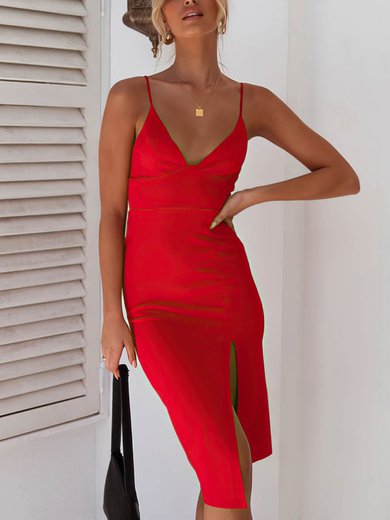 Red Deep V Neck Split Midi Dress #Milly020106600