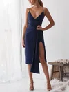 Sheath/Column V-neck Silk-like Satin Tea-length Homecoming Dresses With Split Front #Milly020106621