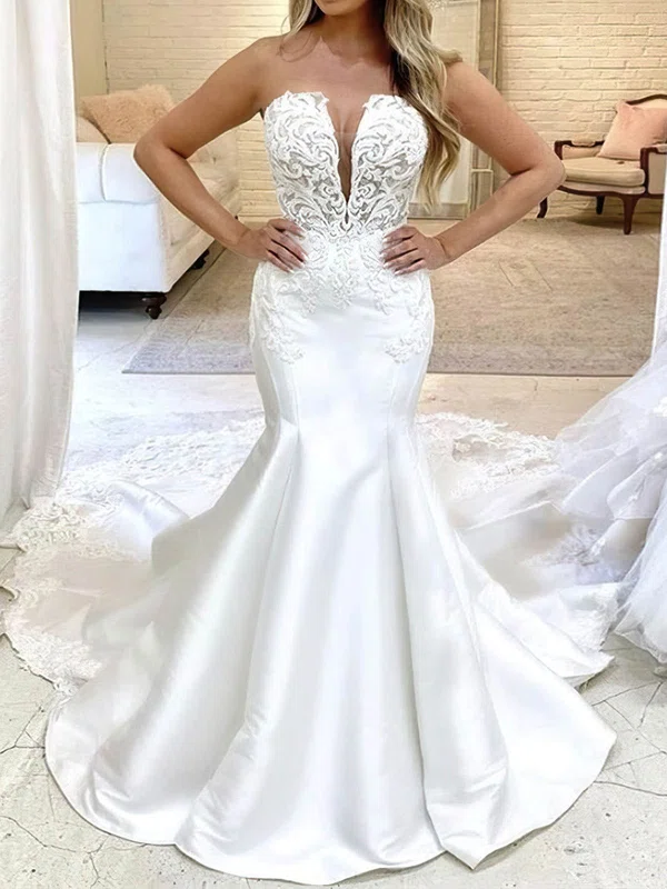 Trumpet/Mermaid V-neck Satin Court Train Wedding Dresses With Appliques Lace #Milly00024347