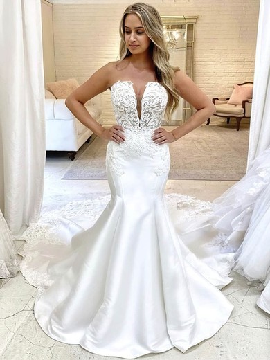 Trumpet/Mermaid V-neck Satin Court Train Wedding Dresses With Appliques Lace #Milly00024347