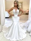 Trumpet/Mermaid V-neck Satin Court Train Wedding Dresses With Appliques Lace #Milly00024347