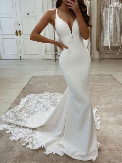 Trumpet/Mermaid V-neck Silk-like Satin Court Train Appliques Lace Wedding Dresses #Milly00024348