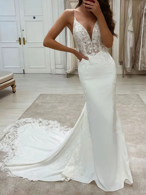 Trumpet/Mermaid V-neck Silk-like Satin Court Train Appliques Lace Wedding Dresses #Milly00024349