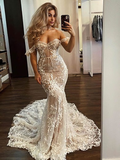 Trumpet/Mermaid Off-the-shoulder Tulle Sweep Train Appliques Lace Wedding Dresses #Milly00024351