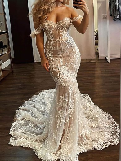 Trumpet/Mermaid Off-the-shoulder Tulle Sweep Train Wedding Dresses With Bow #Milly00024351