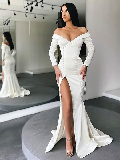 Trumpet/Mermaid Off-the-shoulder Silk-like Satin Sweep Train Buttons Wedding Dresses #Milly00024353