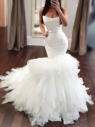 Trumpet/Mermaid Straight Tulle Sweep Train Wedding Dresses With Cascading Ruffles #Milly00024355